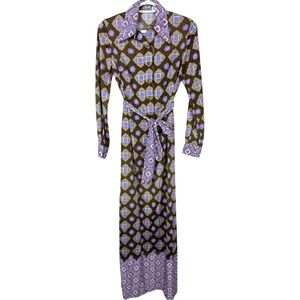 🥑5/$25 Vintage Brown Purple Retro long sleeve tie waist dress
